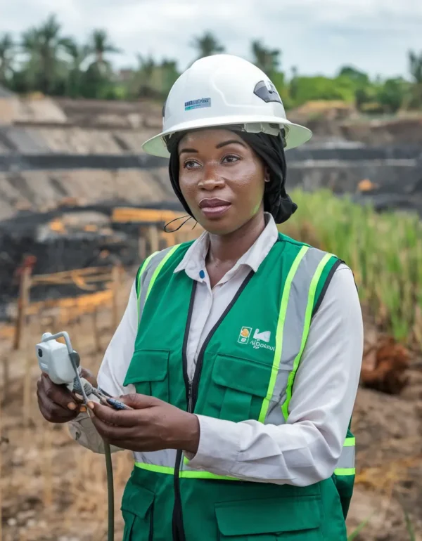 Mrs. Aisha Yusuf, Environmental Compliance Manager at Zedvest Fort Limited, monitoring site rehabilitation