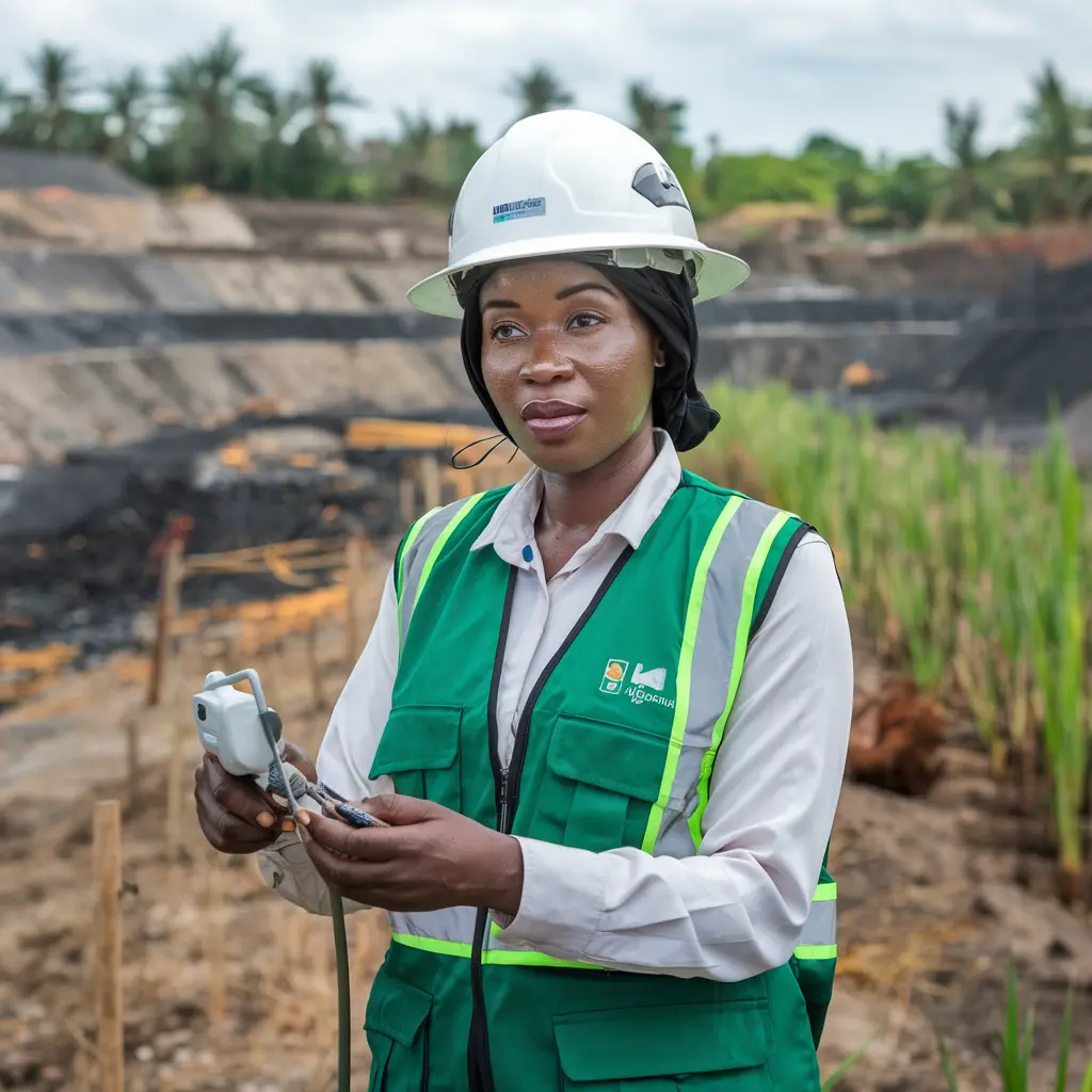 Mrs. Aisha Yusuf, Environmental Compliance Manager at Zedvest Fort Limited, monitoring site rehabilitation