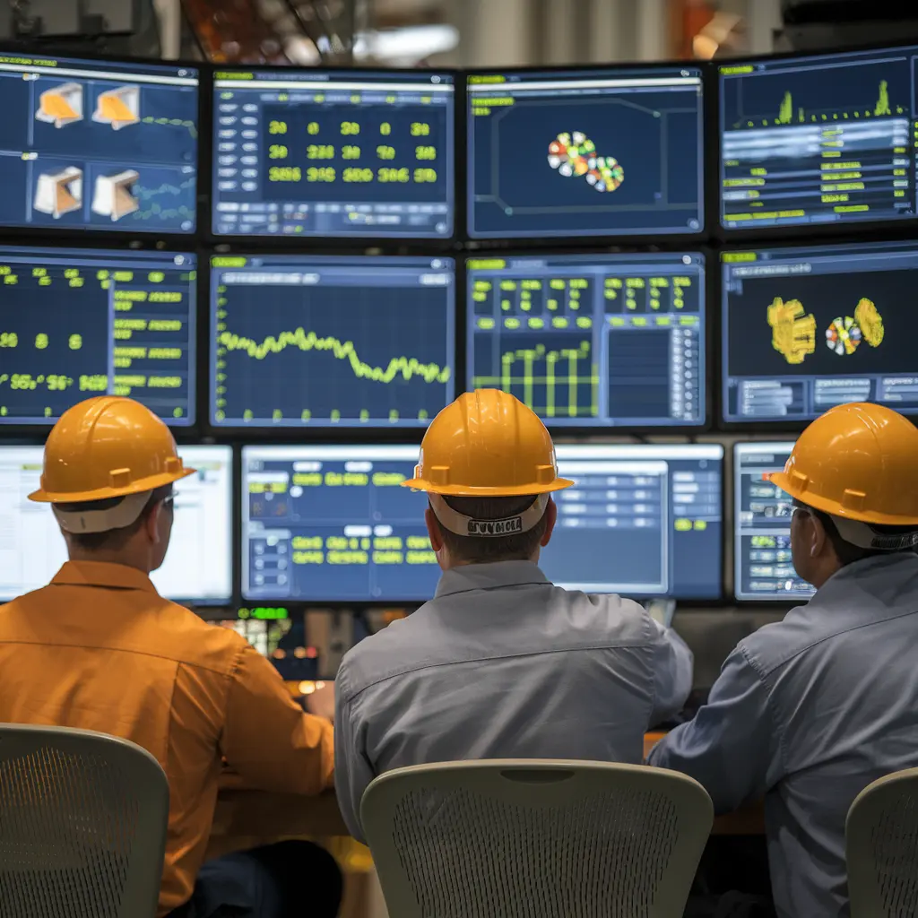 Mining engineers monitoring technical operations and production systems at Zedvest Fort